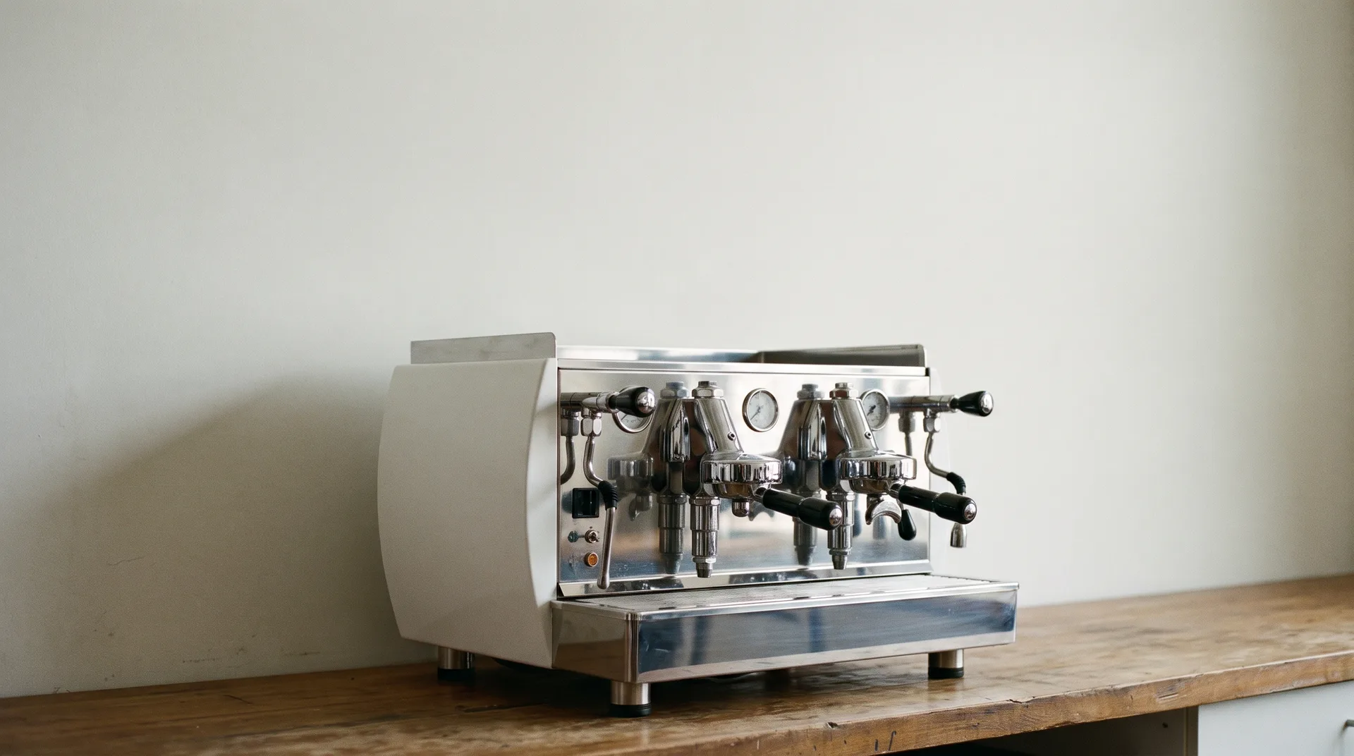 Máquina de espresso profesional de dos grupos, blanca y cromada, sobre una mesa de trabajo de madera en el laboratorio